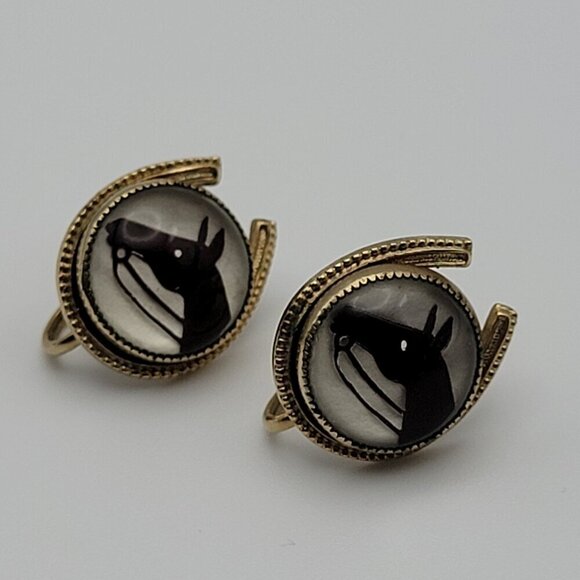Estate Jewelry - Vintage Gold Filled Race Horse Head Glass Dome Horseshoe Stud Screwback Earrings